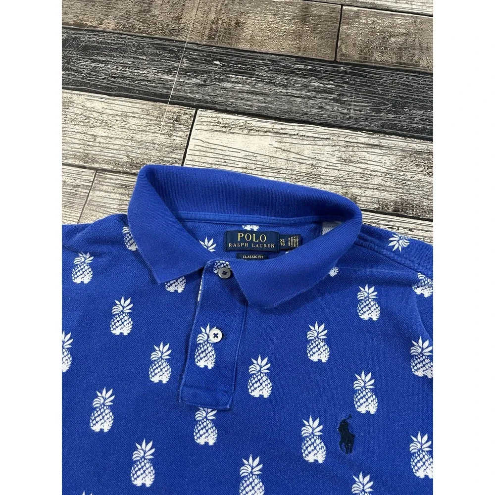 Polo Ralph Lauren Polo Mens XL Blue‎ Classic Fit White Pineapple Print All Over